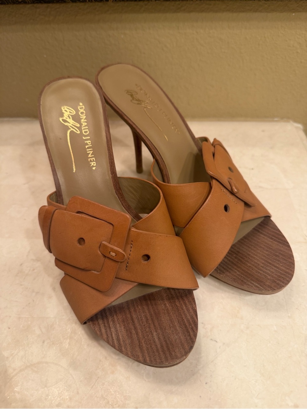 Donald J. Pliner Cognac Leather Slide Heels with Statement Buckle